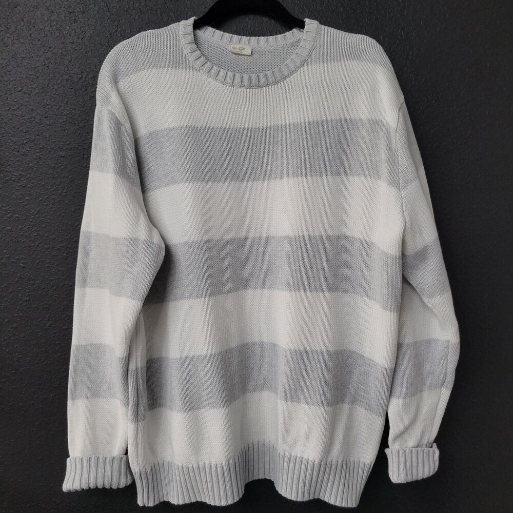 John Galt California Striped Knit Sweater Gray White 100% Cotton Coastal OS